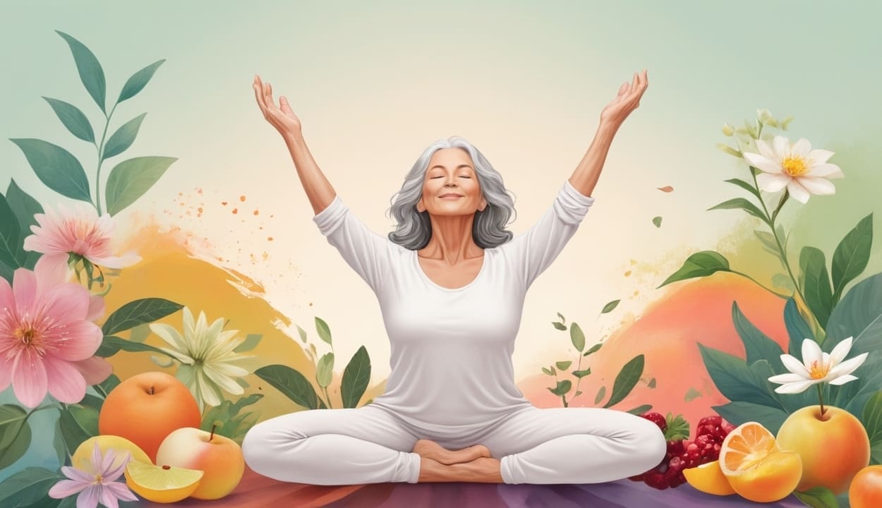 Ilustração estilizada de uma mulher madura, expressando serenidade e equilíbrio na menopausa. A figura está cercada por elementos naturais, como flores e folhas, em tons vibrantes de rosa, azul, verde e laranja. A imagem transmite bem-estar, autocuidado e saúde holística, com símbolos sutis de livros, frutas e óleos essenciais ao fundo.